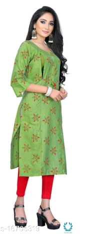 Women Cotton Maternity Applique Green Kurti - XXL (Bust Size: 44 in, Size Length: 44 in) 